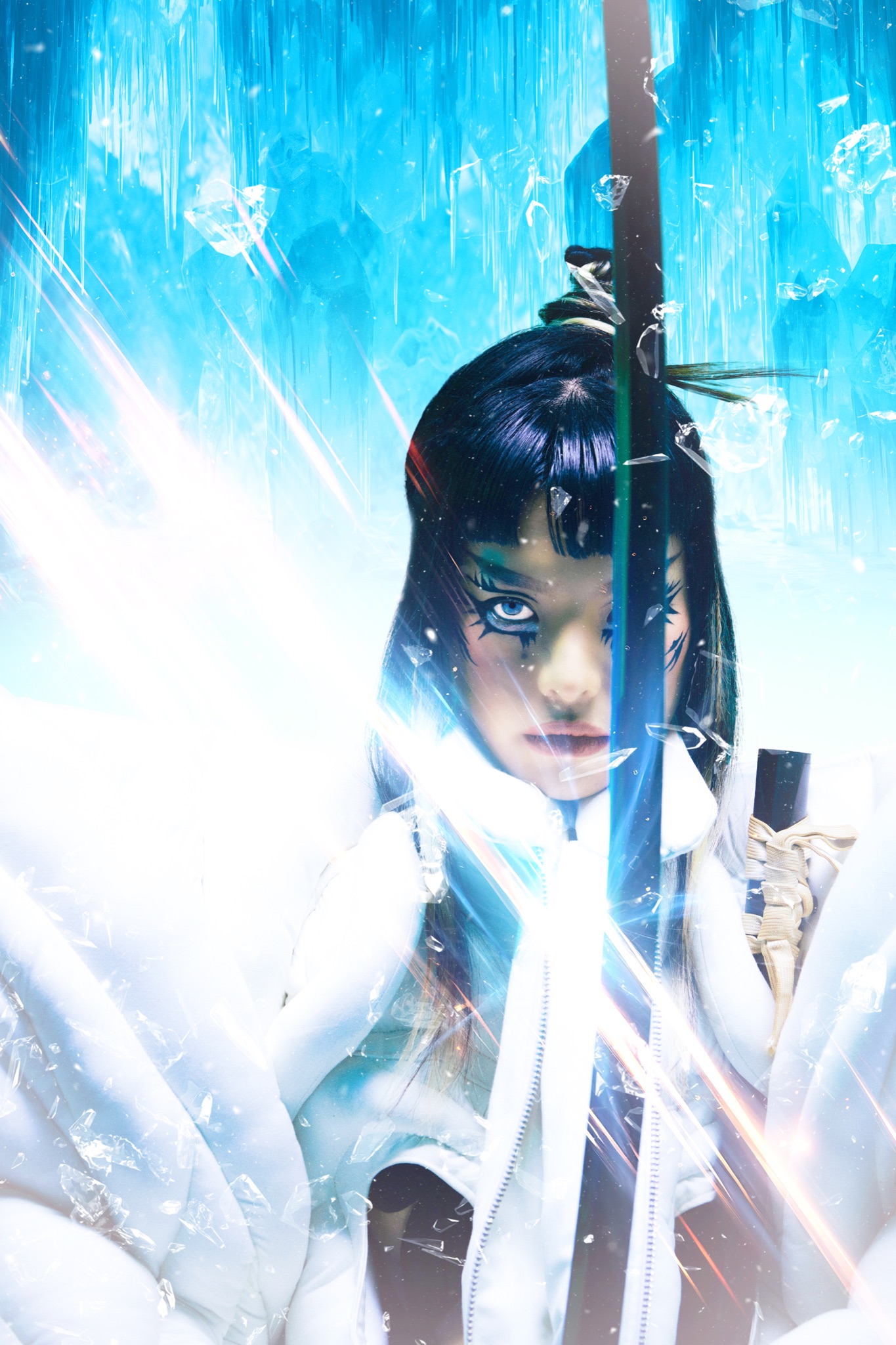Pyra in a white futuristic look framed by blue light and fractured reflections
