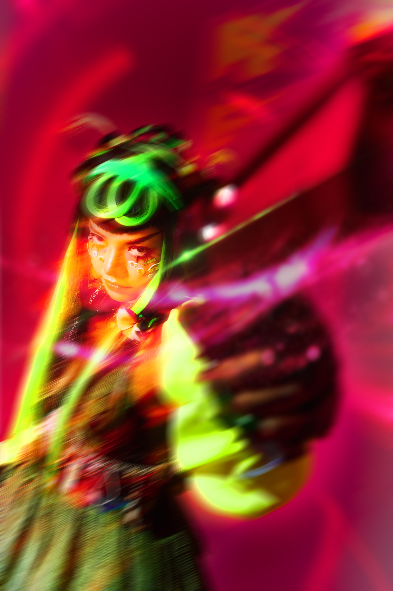 Official press portrait of Thai artist Pyra in electric pink and acid-green light