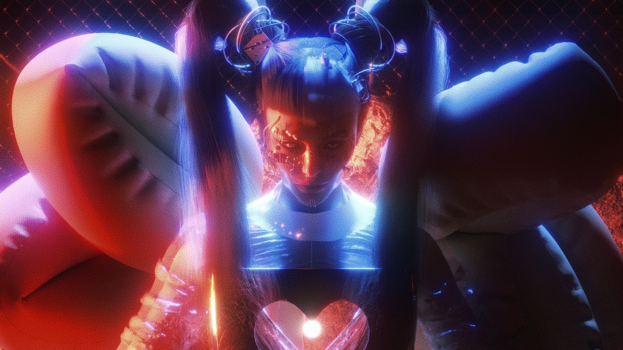 Pyra framed by blue and red light in a cinematic dance-music still